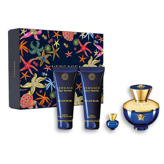 مجموعة هدايا مصغرة للنساء من فيرساتشي ديلان بلو بور فيم، أو دو برفيوم 100 مل + لوشن للجسم 100 مل + جل استحمام 100 مل + أو دو برفيوم 5 مل