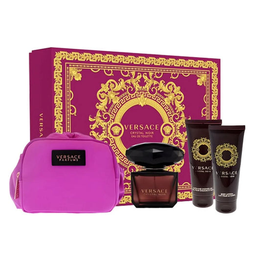 مجموعة هدايا فيرساتشي كريستال نوار 90 مل أو دو تواليت مع حقيبة ولوشن للجسم وجل استحمام للنساء