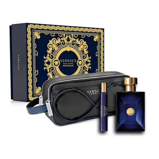 طقم هدية فيرساتشي ديلان بلو بور أوم 100 مل + أو دو تواليت 10 مل + حقيبة كلاتش للرجال