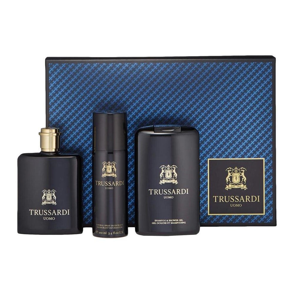 مجموعة تروساردي أومو أو دو تواليت للرجال (100 مل عطر + 200 مل جل استحمام + 100 مل مزيل عرق)