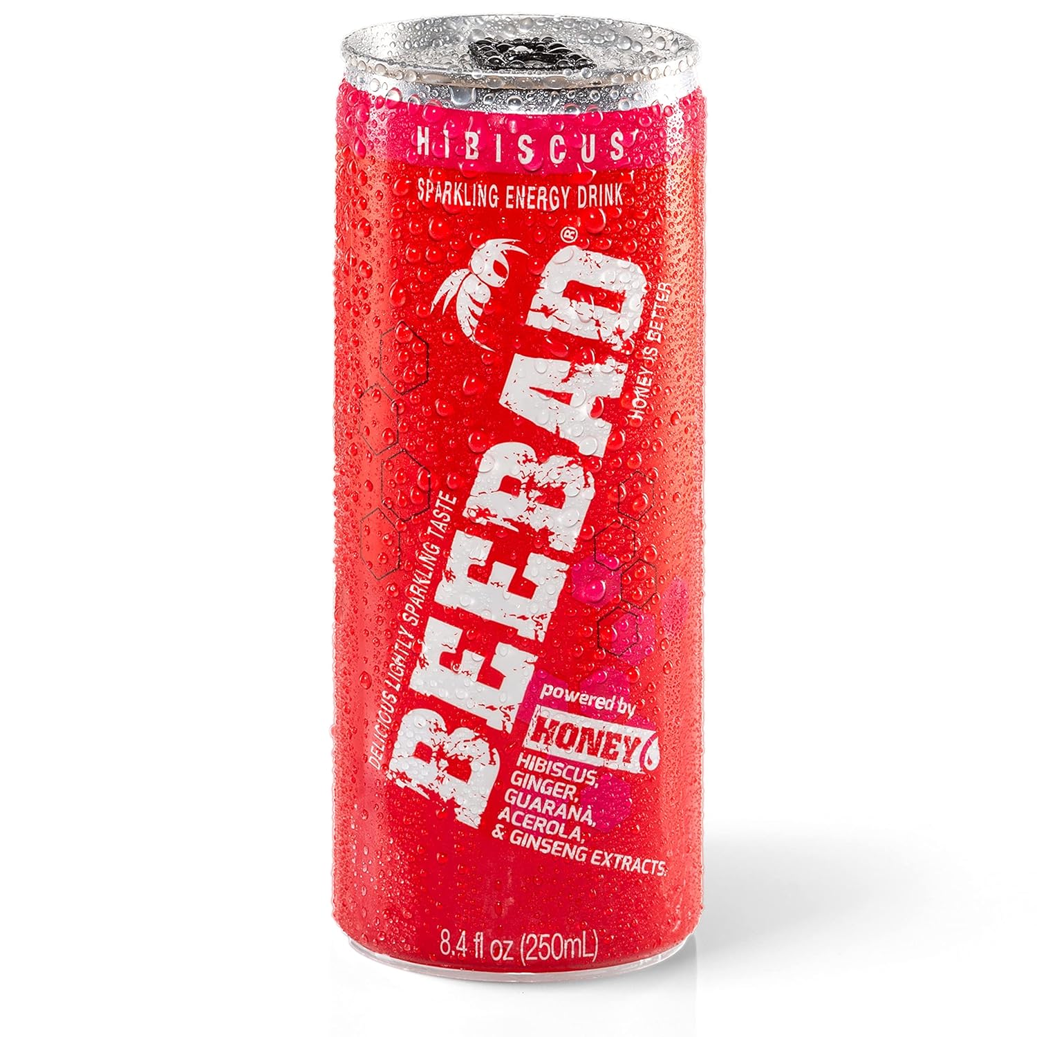 BEEBAD Natural Hibiscus Sparkling Energy Drink Powered by Honey Guarana, Acerola & Ginseng, 12 Count Hibiscus