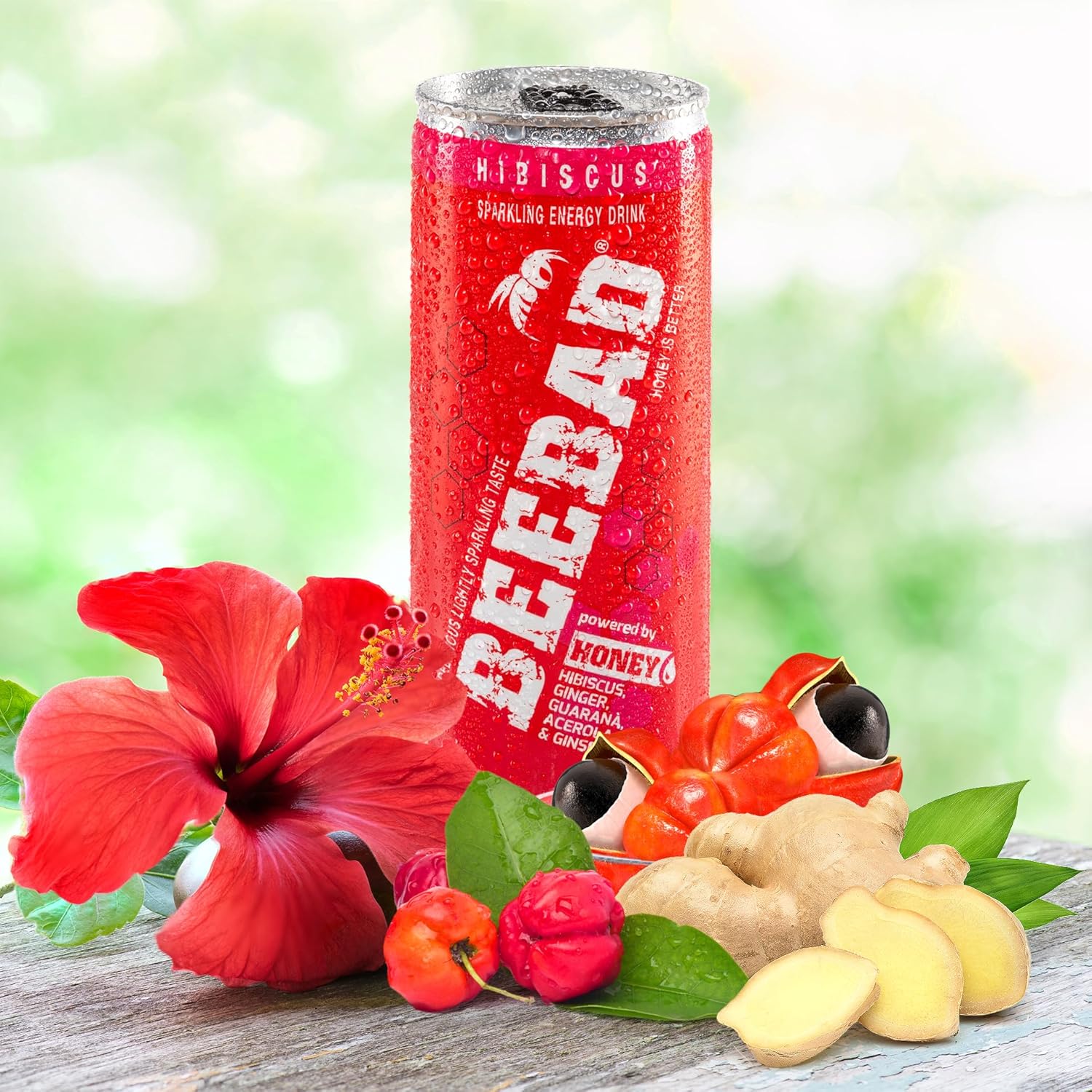 BEEBAD Natural Hibiscus Sparkling Energy Drink Powered by Honey Guarana, Acerola & Ginseng, 12 Count Hibiscus