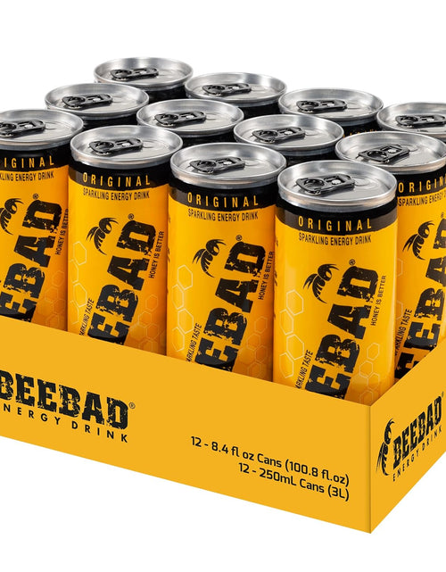 Load image into Gallery viewer, BEEBAD Sparkling Energy Drink Powered by Honey, Ginseng, Propolis, Maca, plus B6 and B12 Vitamins,12 Count original
