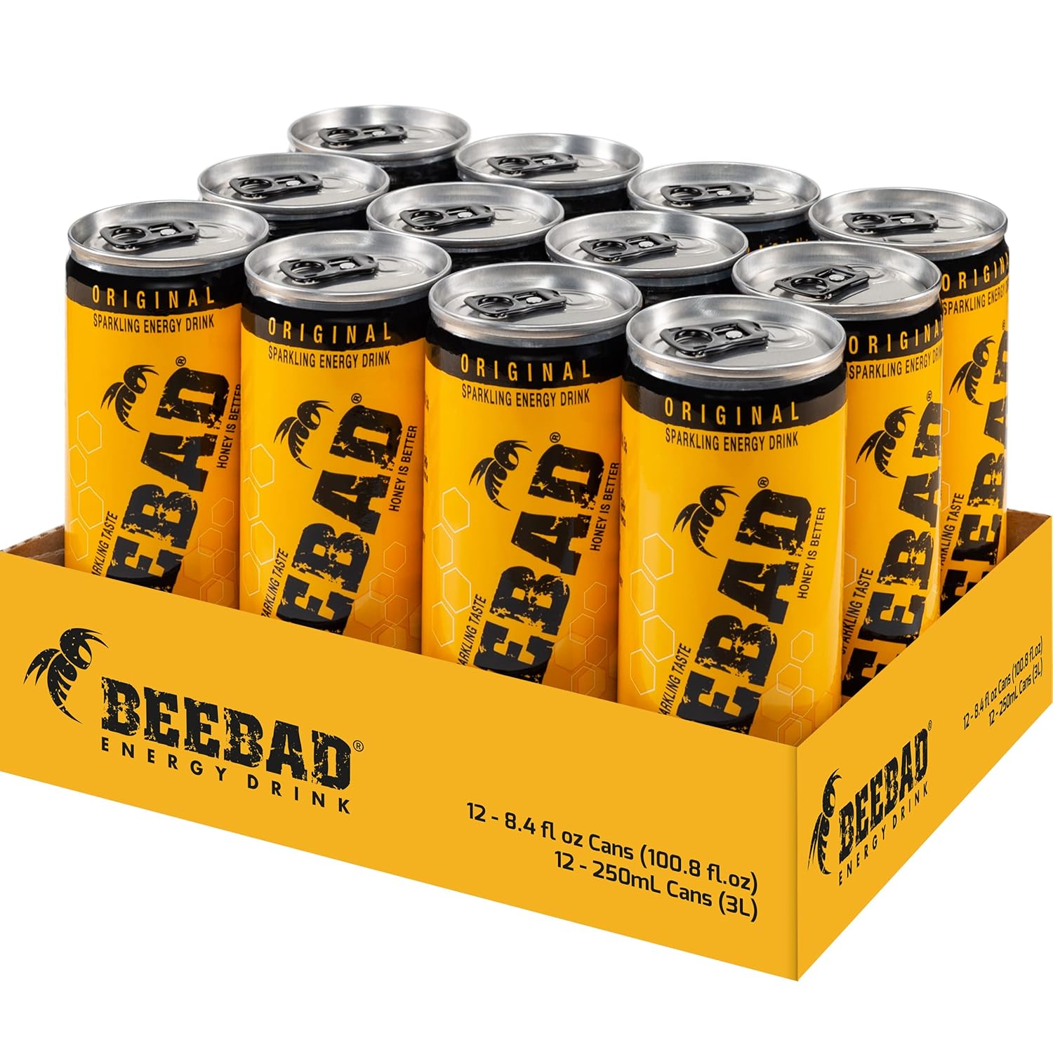 BEEBAD Sparkling Energy Drink Powered by Honey, Ginseng, Propolis, Maca, plus B6 and B12 Vitamins,12 Count original