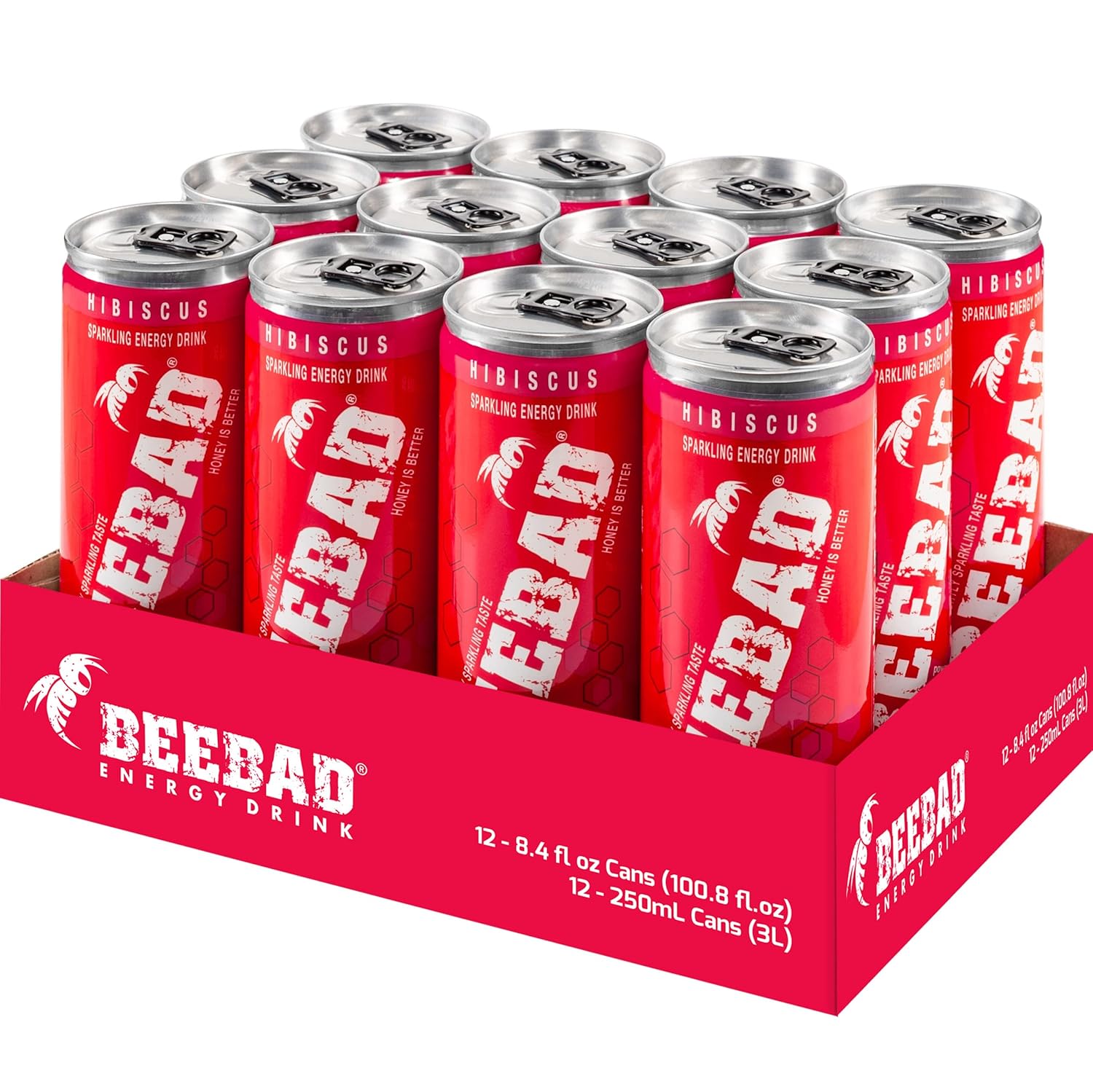 BEEBAD Natural Hibiscus Sparkling Energy Drink Powered by Honey Guarana, Acerola & Ginseng, 12 Count Hibiscus