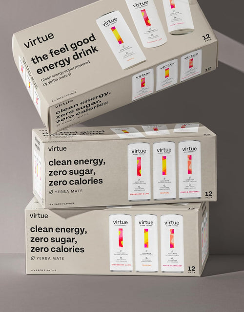 Load image into Gallery viewer, Virtue Clean Energy Mixed Pack - 12 x Yerba Mate Natural Energy Drinks - Sugar Free, Zero Calories, Vegan (12 x 250ml) [Strawberry &amp; Lime, Tropical, Peach &amp; Raspberry]
