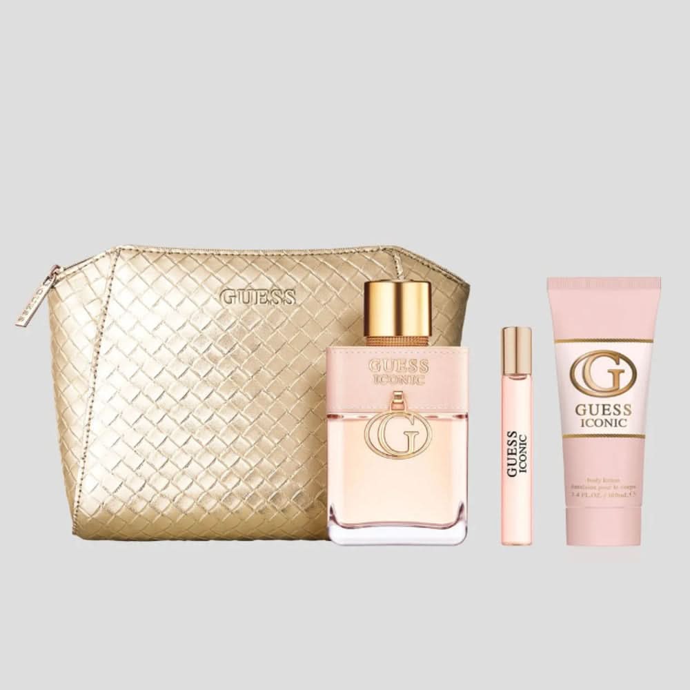 مجموعة هدايا GUESS Iconic Women (100 مل EDP - 15 مل Ts - 100 مل Bl + Pouch) للنساء