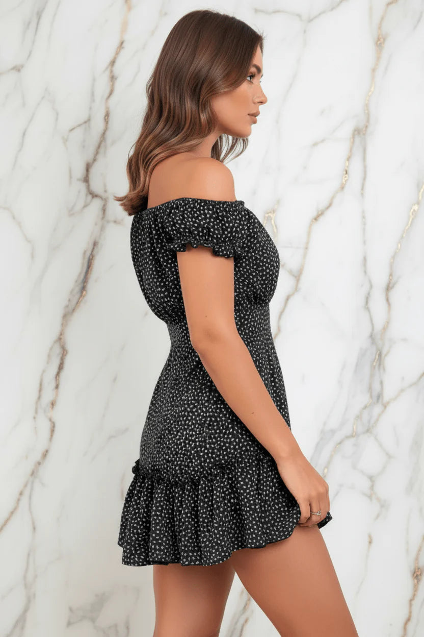 IVORYNN Women's Black Floral Off-Shoulder Smocked Mini Dress