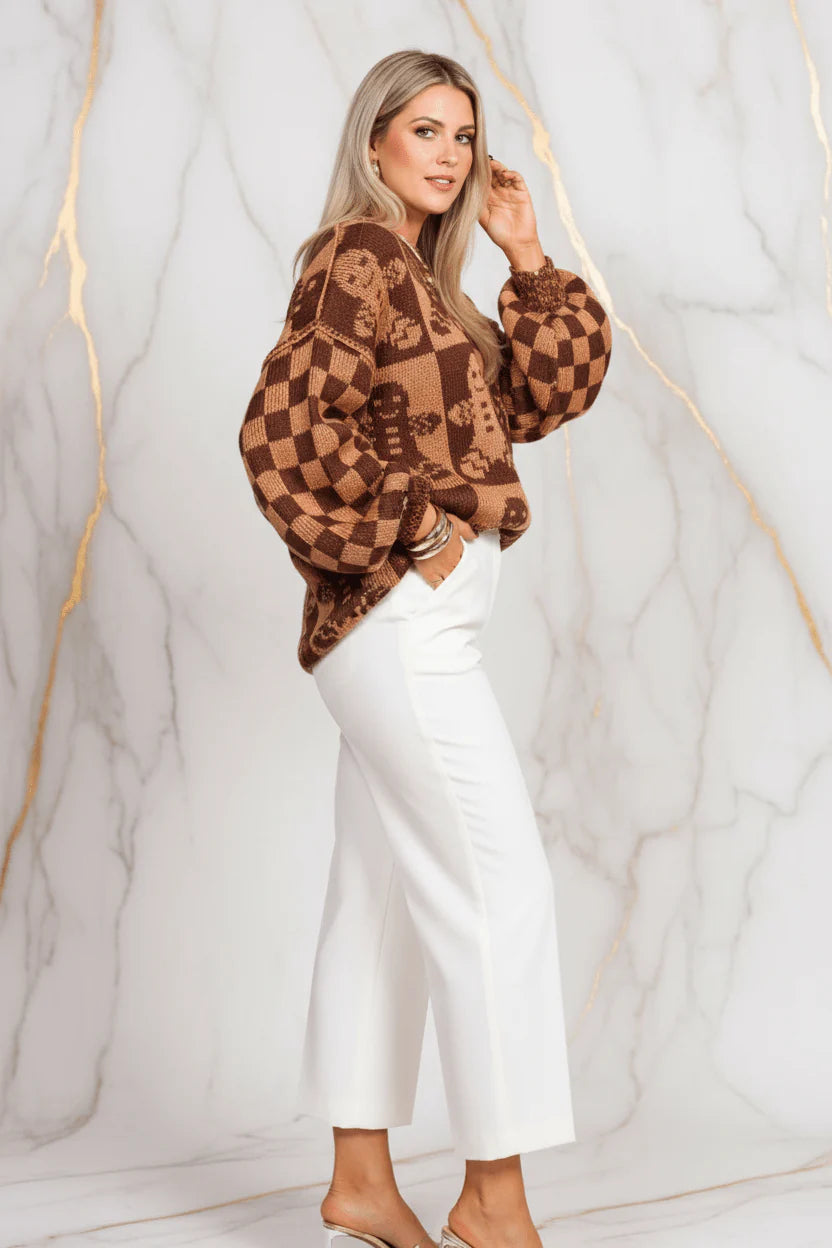 IVORYNN Women's Brown Gingerbread Pattern Knit Sweater