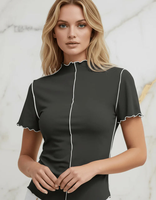 Load image into Gallery viewer, Evorin Women's Black Embroidered Mock Neck T-Shirt
