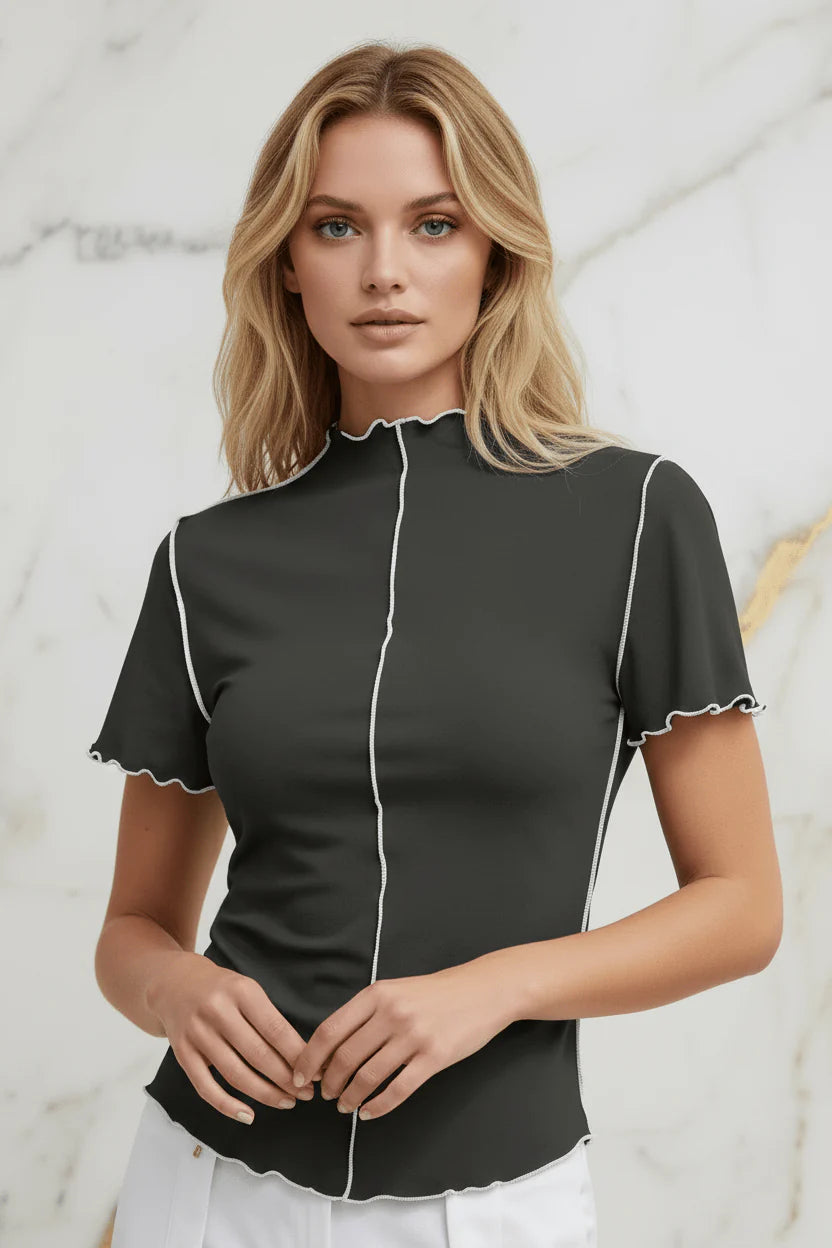 Evorin Women's Black Embroidered Mock Neck T-Shirt