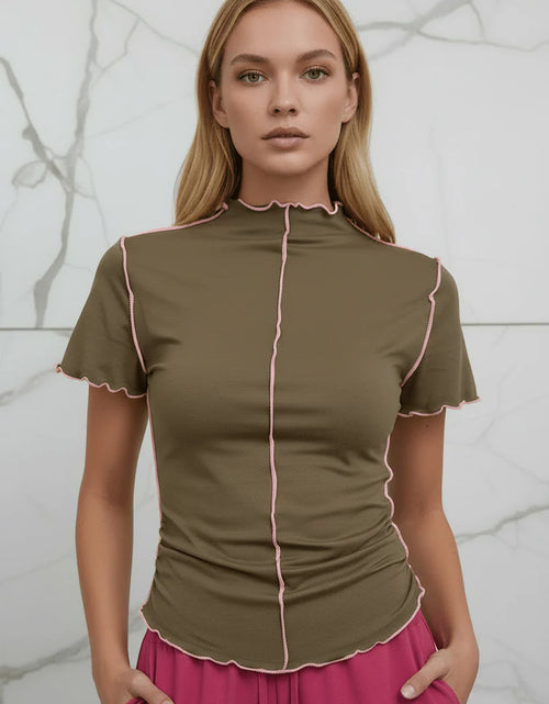 Load image into Gallery viewer, Evorin Women's Brown Embroidered Mock Neck T-Shirt
