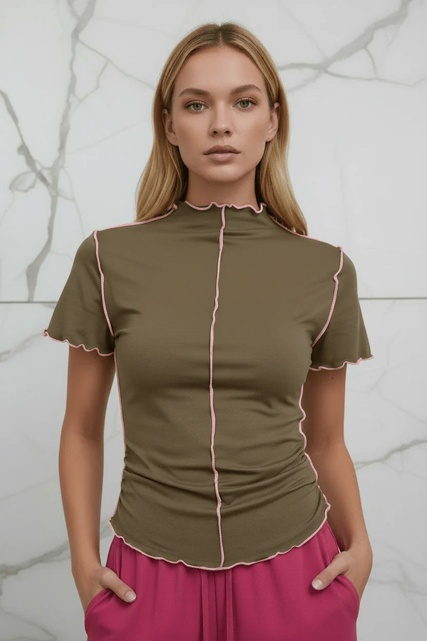 Evorin Women's Brown Embroidered Mock Neck T-Shirt