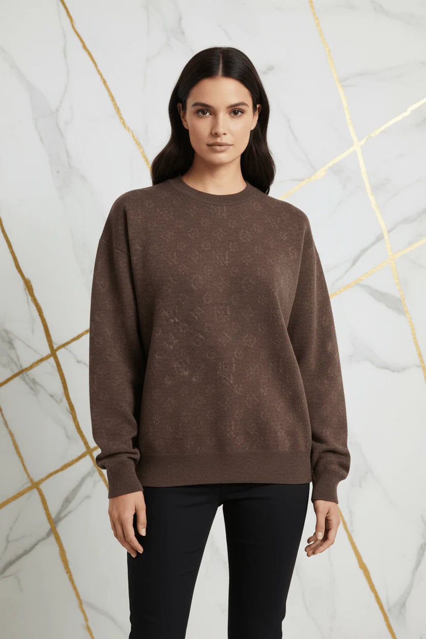Ivorynn Dark Brown Textured Knit Sweater – Relaxed Fit Crewneck Pullover