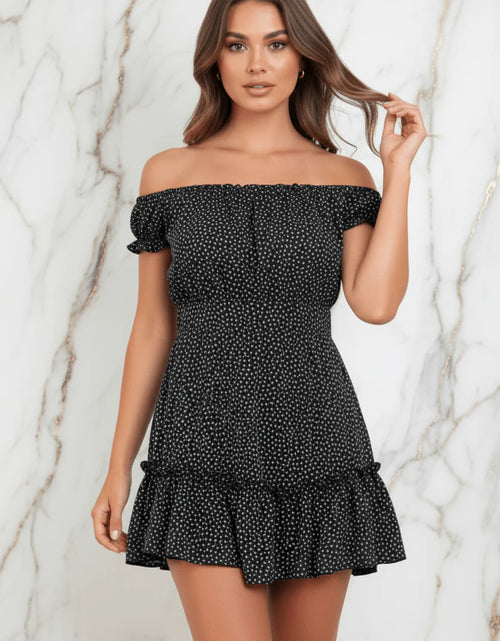 Load image into Gallery viewer, IVORYNN Women's Black Floral Off-Shoulder Smocked Mini Dress
