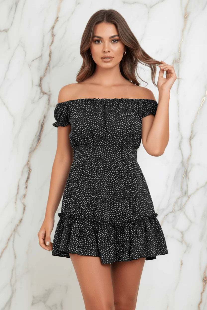 IVORYNN Women's Black Floral Off-Shoulder Smocked Mini Dress