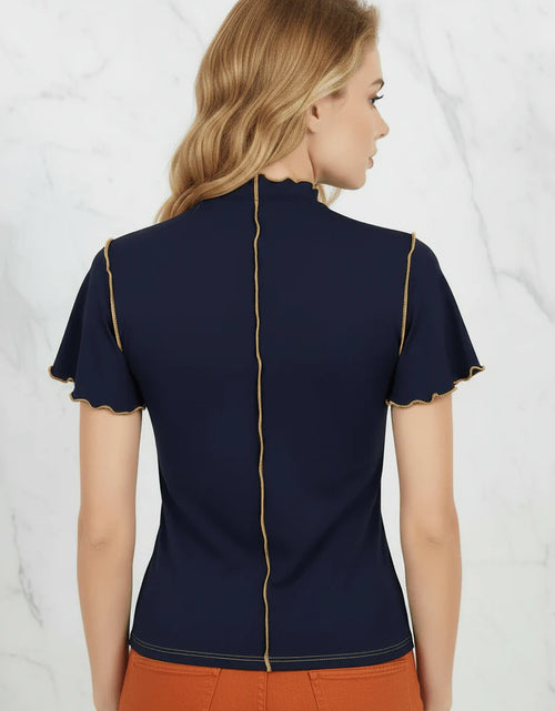 Load image into Gallery viewer, Evorin Women's Nevy Blue Embroidered Mock Neck T-Shirt
