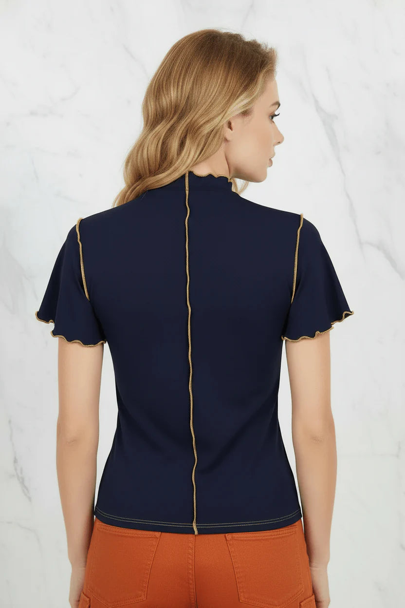 Evorin Women's Nevy Blue Embroidered Mock Neck T-Shirt