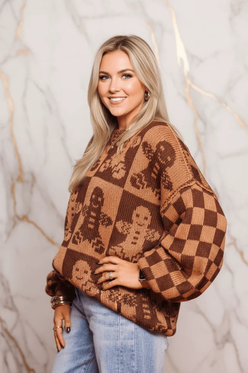 IVORYNN Women's Brown Gingerbread Pattern Knit Sweater