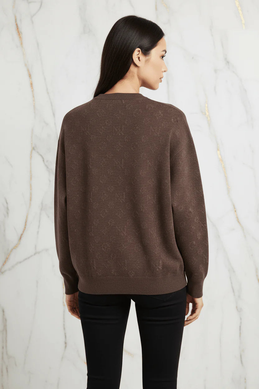 Ivorynn Dark Brown Textured Knit Sweater – Relaxed Fit Crewneck Pullover