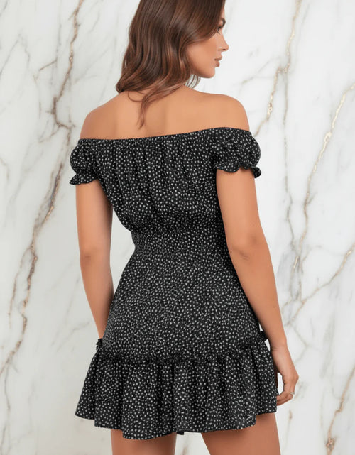 Load image into Gallery viewer, IVORYNN Women's Black Floral Off-Shoulder Smocked Mini Dress

