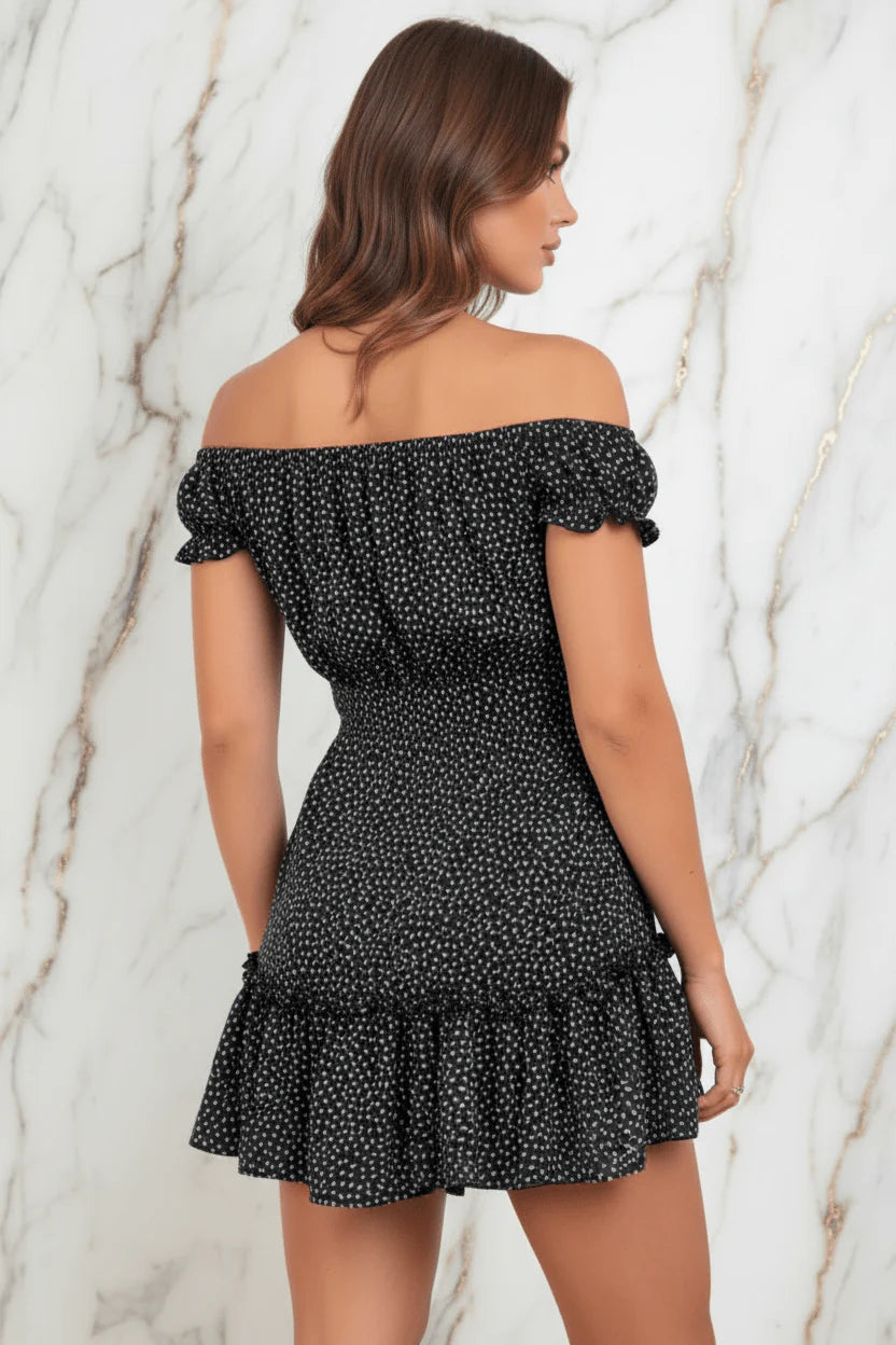IVORYNN Women's Black Floral Off-Shoulder Smocked Mini Dress