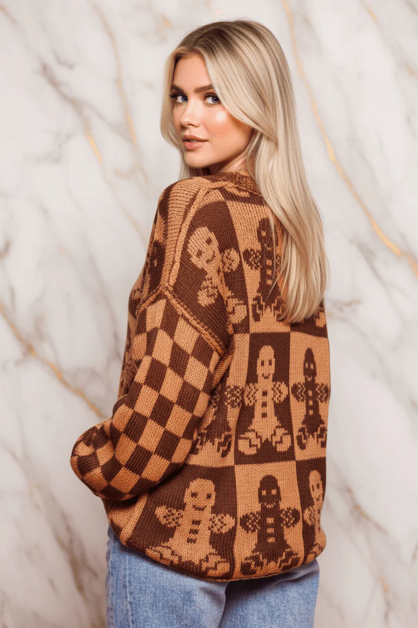 IVORYNN Women's Brown Gingerbread Pattern Knit Sweater