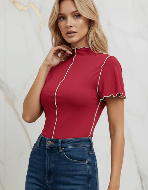 Load image into Gallery viewer, Evorin Women's Red Embroidered Mock Neck T-Shirt

