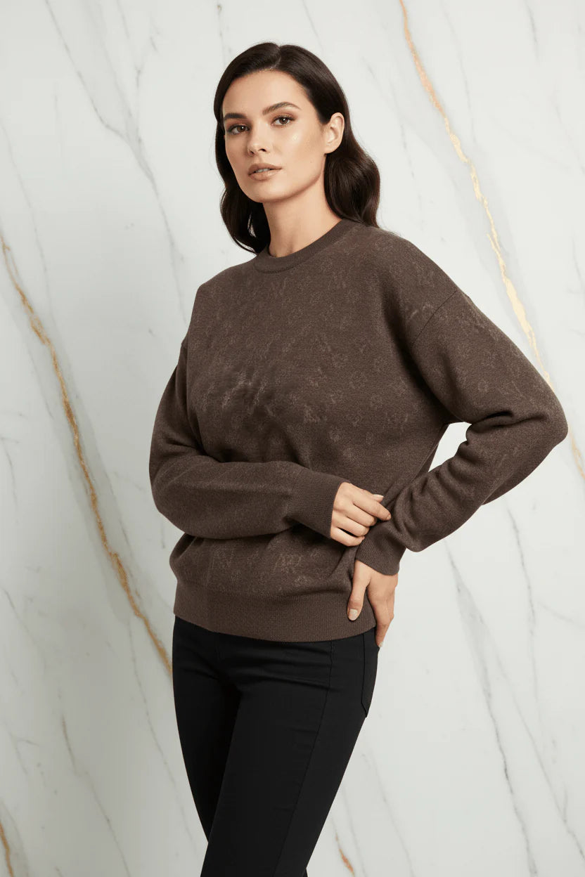 Ivorynn Dark Brown Textured Knit Sweater – Relaxed Fit Crewneck Pullover