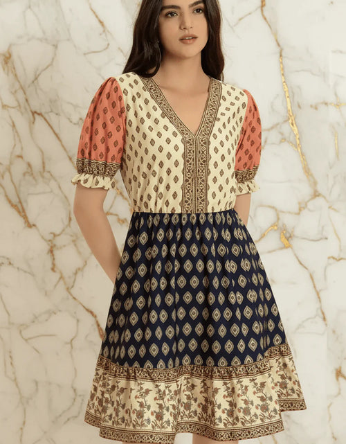 Load image into Gallery viewer, IVORYNN Women's Boho Print V-Neck Puff Sleeve Mini Dress
