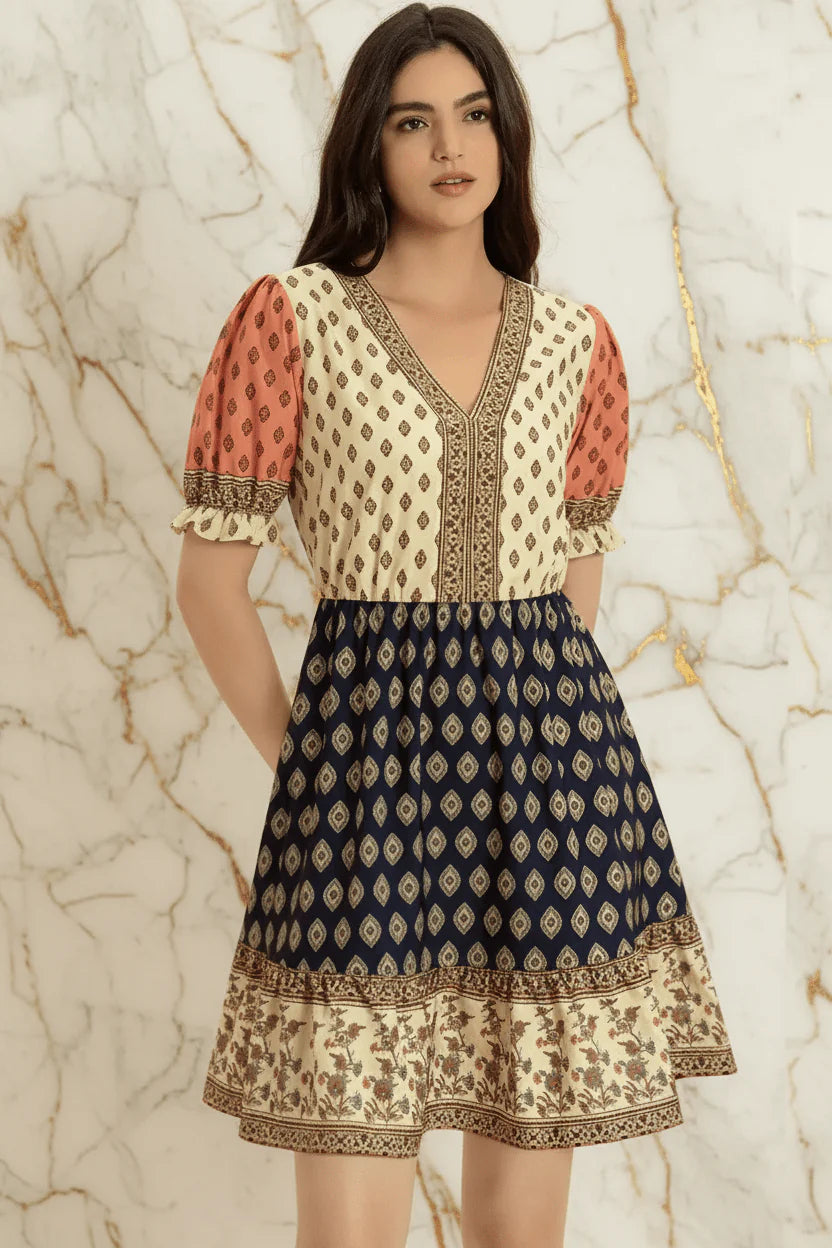 IVORYNN Women's Boho Print V-Neck Puff Sleeve Mini Dress