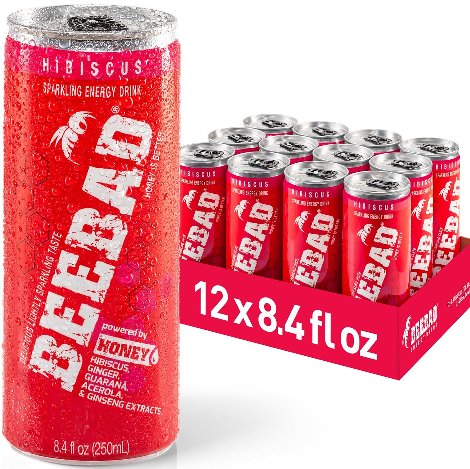 BEEBAD Natural Hibiscus Sparkling Energy Drink Powered by Honey Guarana, Acerola & Ginseng, 12 Count Hibiscus