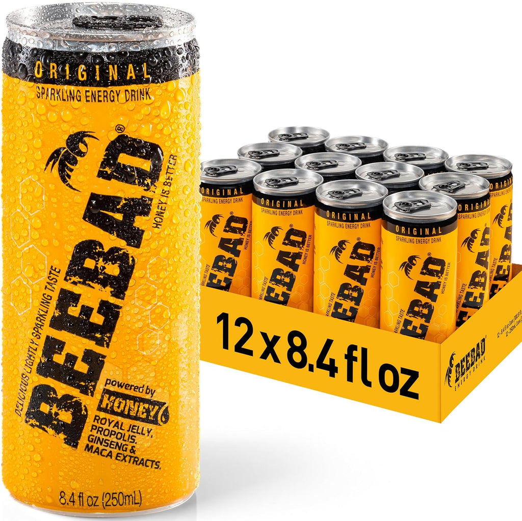 BEEBAD Sparkling Energy Drink Powered by Honey, Ginseng, Propolis, Maca, plus B6 and B12 Vitamins,12 Count original