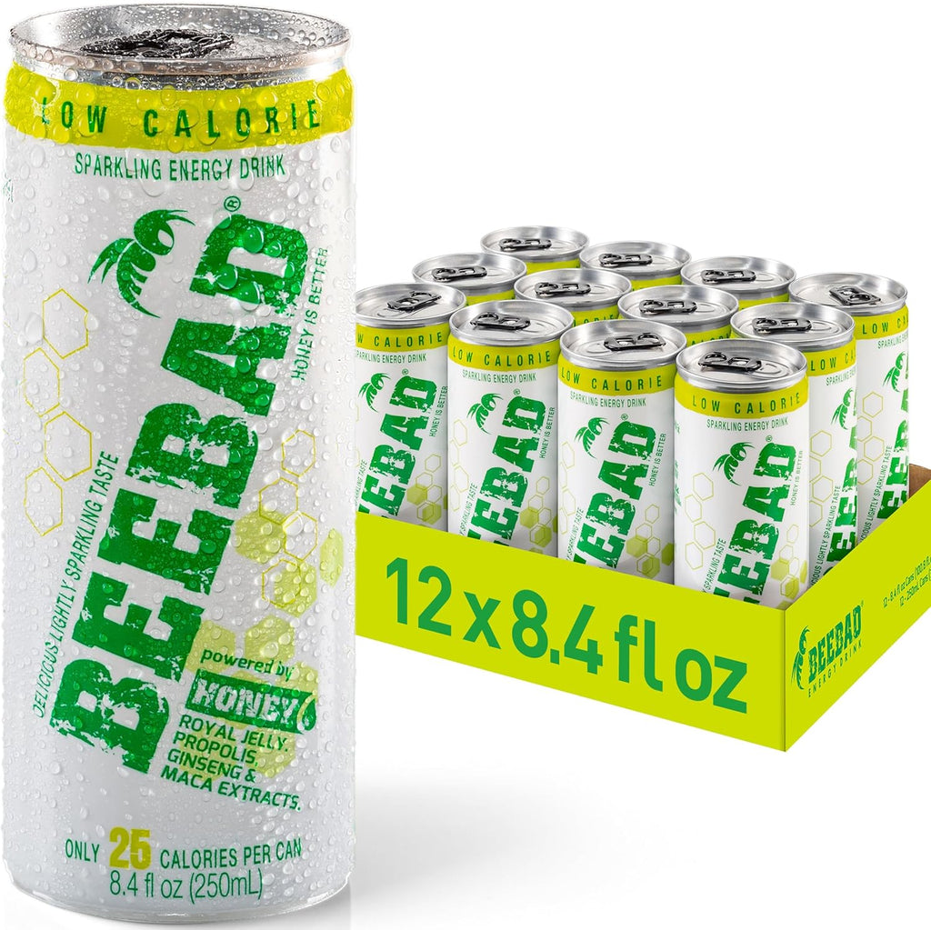 BEEBAD Sparkling Low Calorie Natural Energy Drink Powered by Honey, Royal Jelly,Propolis, Ginseng, & Maca Extracts 12 Count Low Calorie