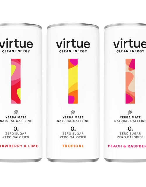 Load image into Gallery viewer, Virtue Clean Energy Mixed Pack - 12 x Yerba Mate Natural Energy Drinks - Sugar Free, Zero Calories, Vegan (12 x 250ml) [Strawberry &amp; Lime, Tropical, Peach &amp; Raspberry]
