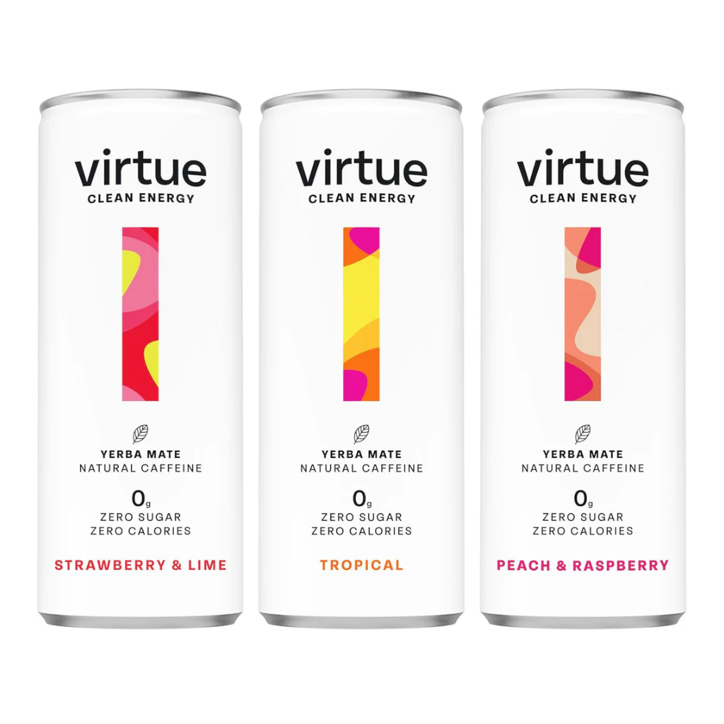 Virtue Clean Energy Mixed Pack - 12 x Yerba Mate Natural Energy Drinks - Sugar Free, Zero Calories, Vegan (12 x 250ml) [Strawberry & Lime, Tropical, Peach & Raspberry]