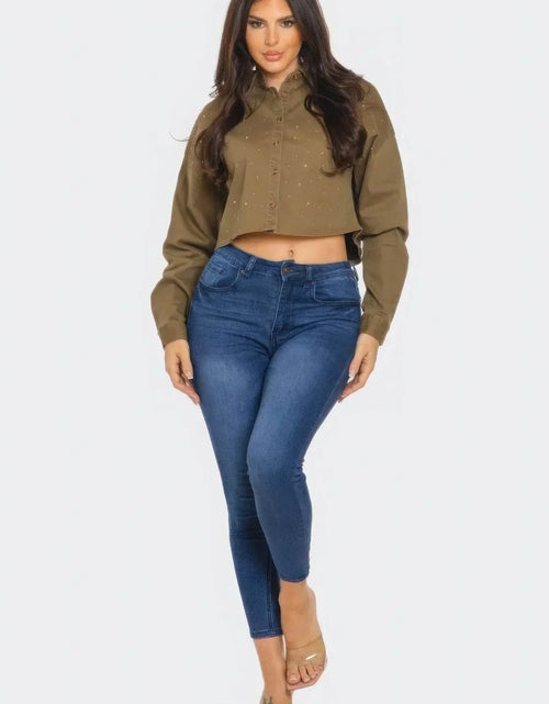 Load image into Gallery viewer, IVORYNN Women's Olive Green Rhinestone Button-Up Cropped Shirt
