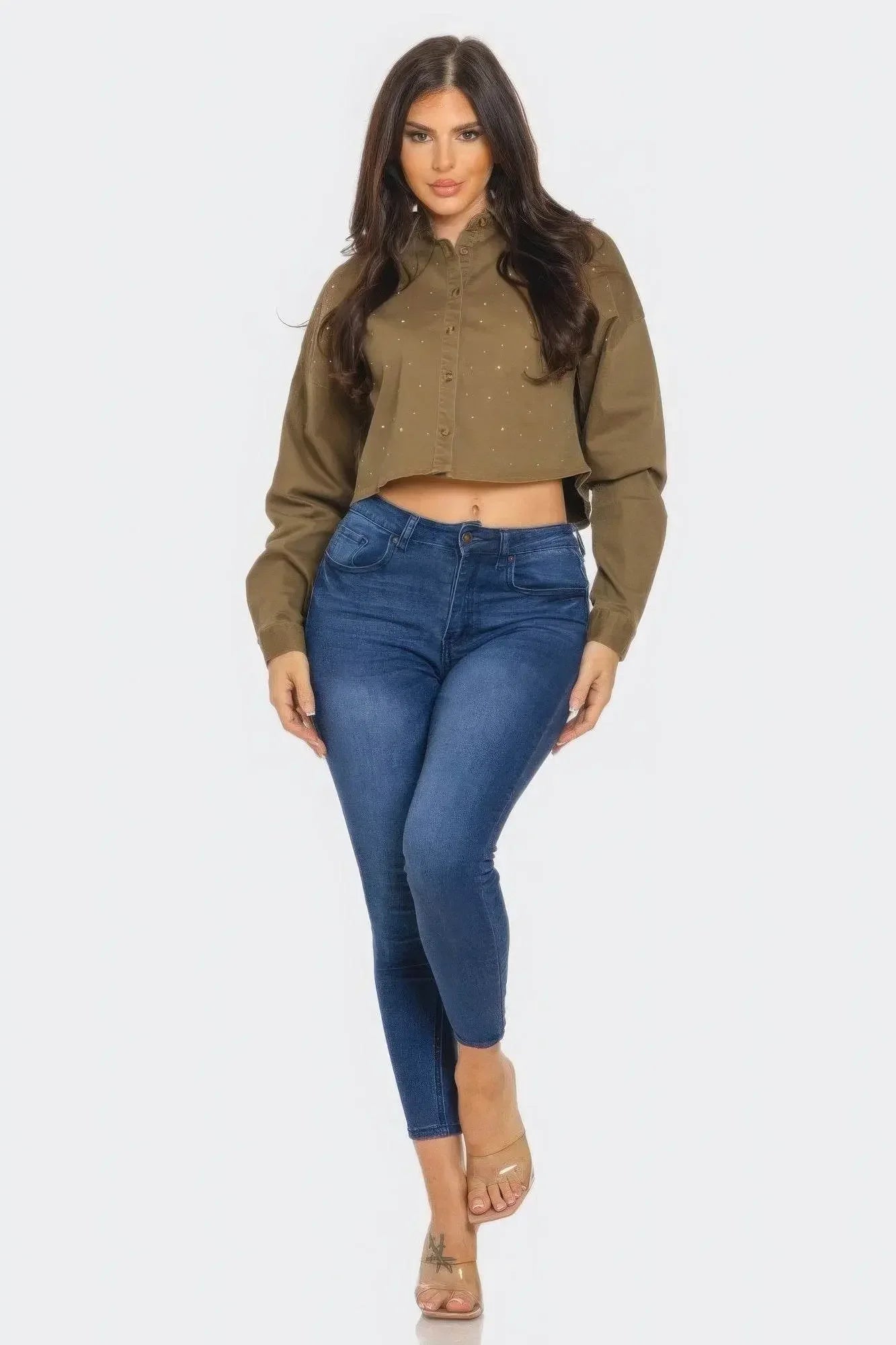 IVORYNN Women's Olive Green Rhinestone Button-Up Cropped Shirt