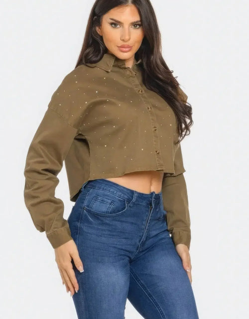 Load image into Gallery viewer, IVORYNN Women's Olive Green Rhinestone Button-Up Cropped Shirt
