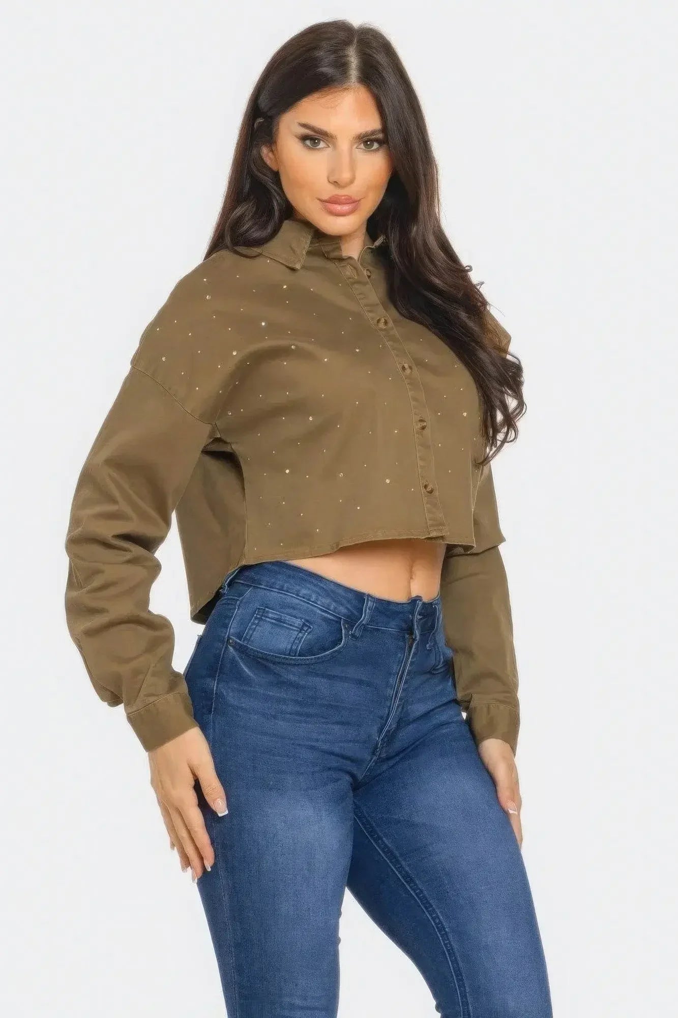IVORYNN Women's Olive Green Rhinestone Button-Up Cropped Shirt