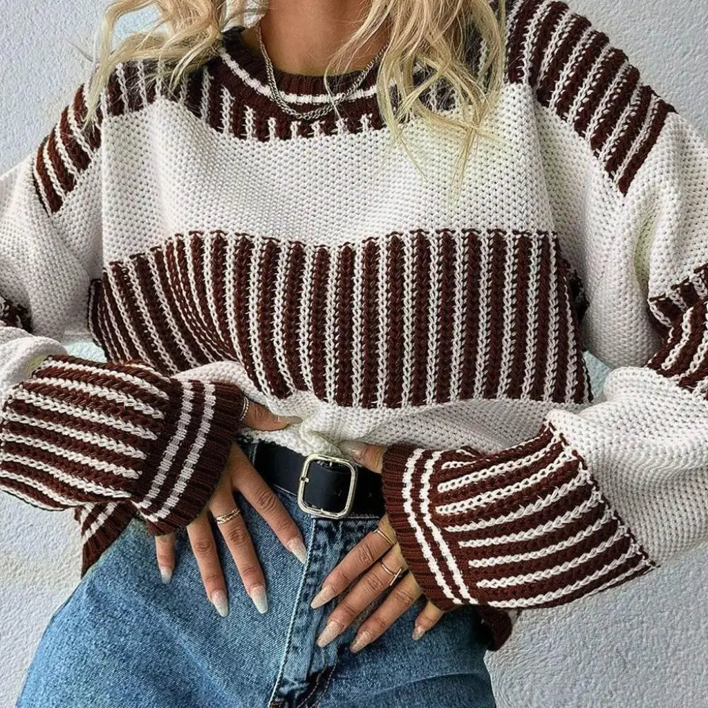 Ivorynn Brown Striped Patchwork Sweater – Drop Shoulder Knit Pullover