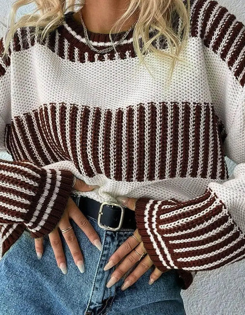 Load image into Gallery viewer, Ivorynn Brown Striped Patchwork Sweater – Drop Shoulder Knit Pullover
