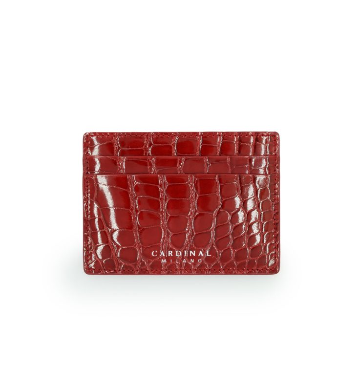 Crocodile Red leather card holder white gold