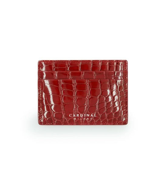 Crocodile Red leather card holder white gold