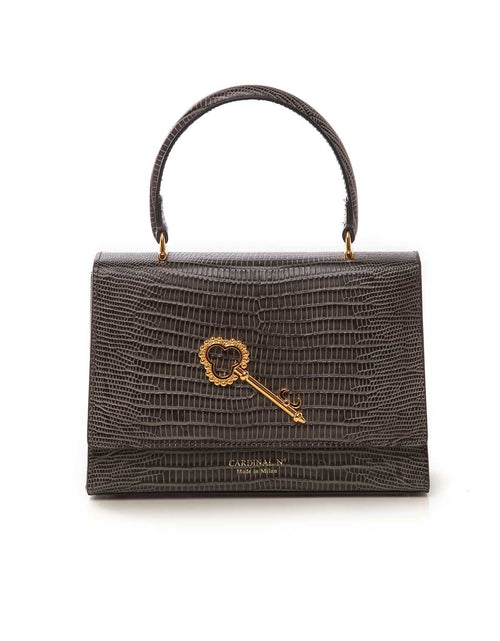 Load image into Gallery viewer, Opèra key embellished lizard-effect grey leather bag
