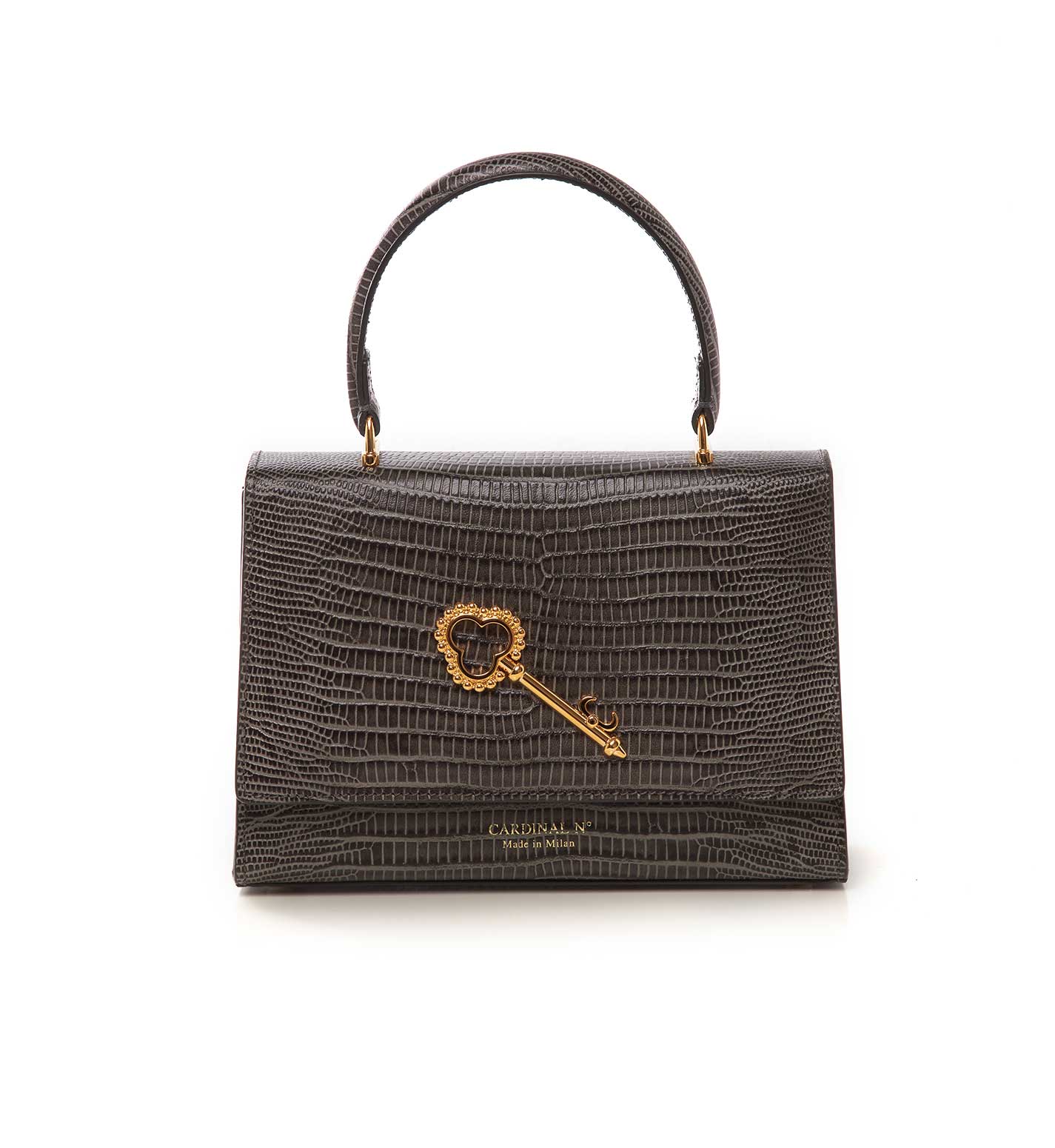 Opèra key embellished lizard-effect grey leather bag