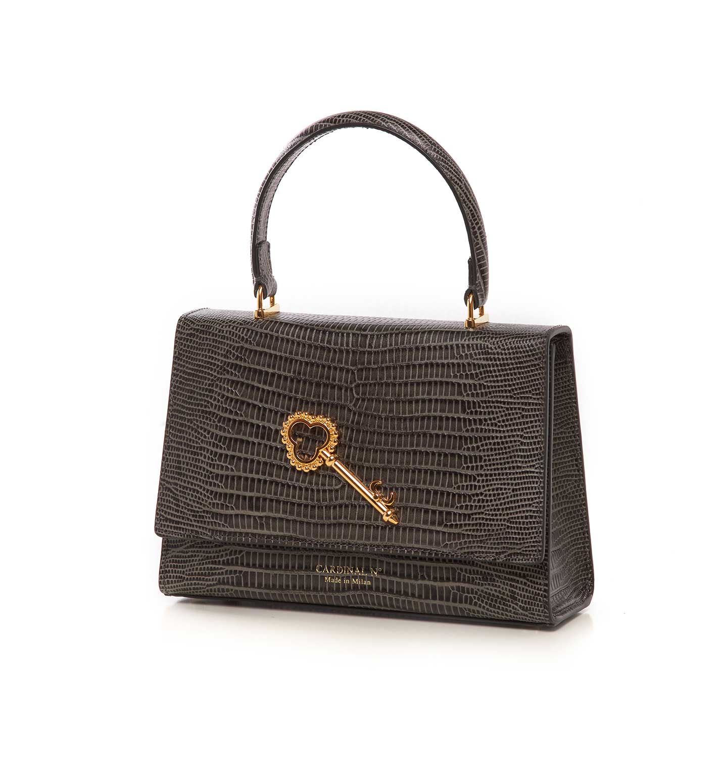 Opèra key embellished lizard-effect grey leather bag
