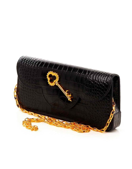 Load image into Gallery viewer, Time 21 Secrets Croc effect black leather clutch
