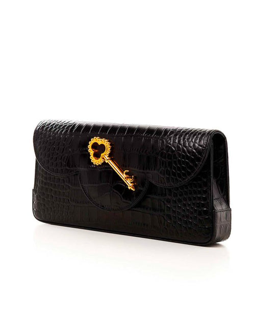 Load image into Gallery viewer, Time 21 Secrets Croc effect black leather clutch
