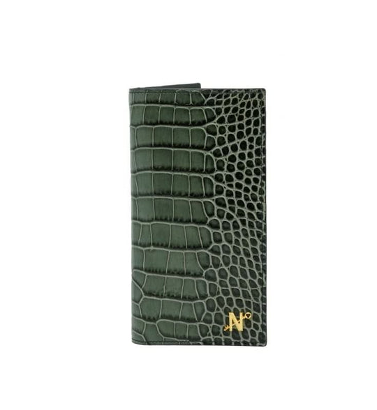 Croc embossed green olive leather wallet